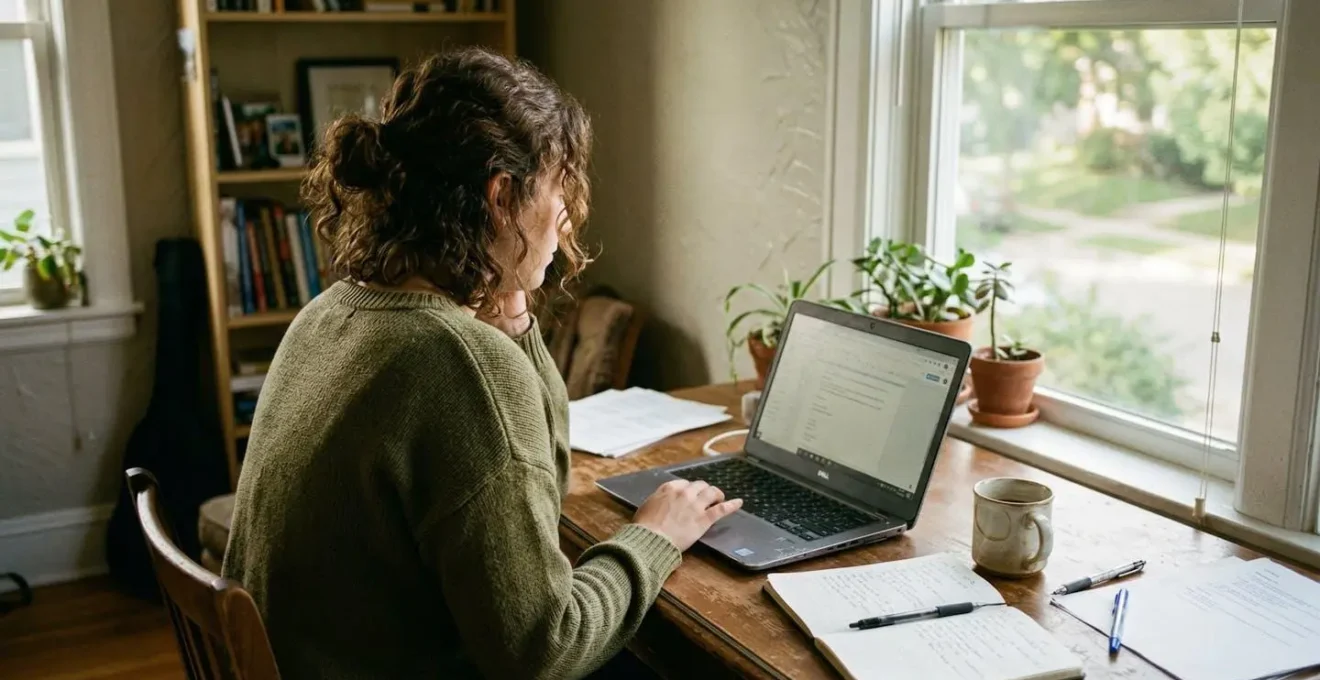 A person working casually on a laptop in a bright home office with natural window light streaming in