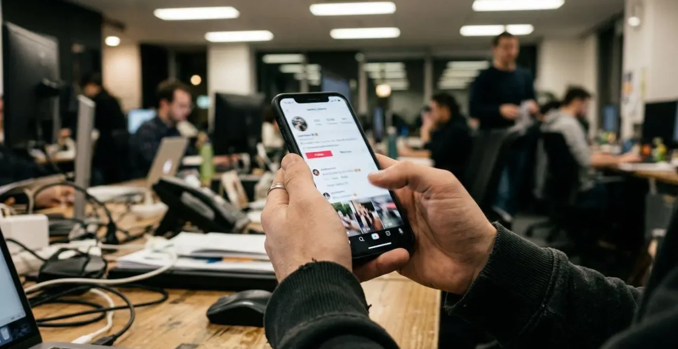 Hands holding a smartphone scrolling through a social media feed in an office environment with multiple blurred screens visible