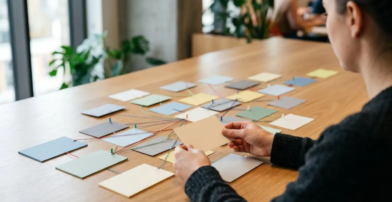 Over-the-shoulder view of hands arranging physical workflow cards on a large clean table, creating a visual process map with threads connecting different elements.