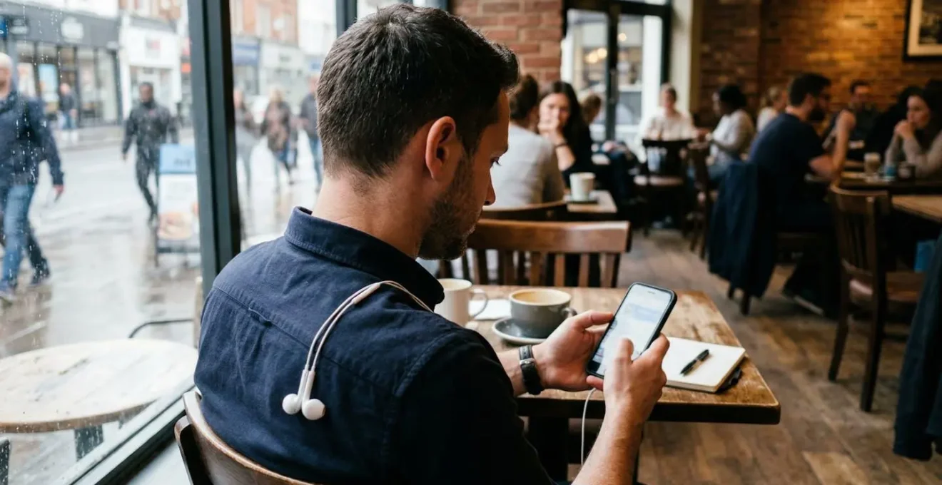 A business professional in a coffee shop holds a smartphone, watching a video with earbuds hanging unused around their neck