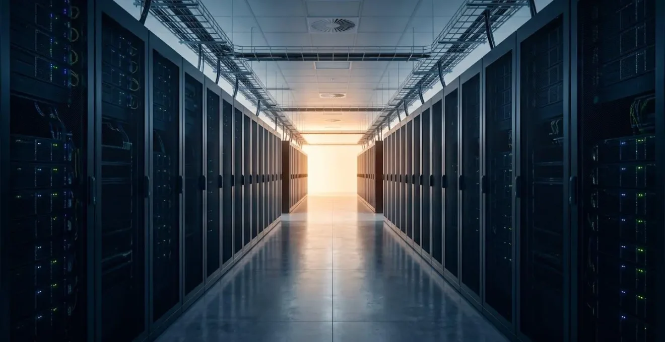 Modern server room with warm lighting suggesting stability and trust