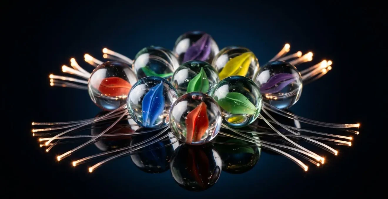 Macro shot of interconnected glass spheres representing data nodes with light paths showing reverse flow patterns