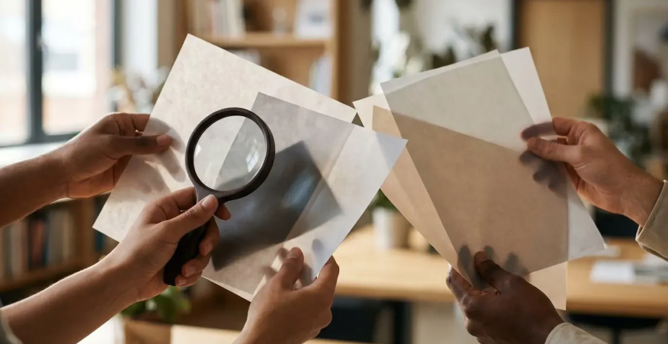 Human hands carefully examining documents with strategic blur effects showing selective information visibility