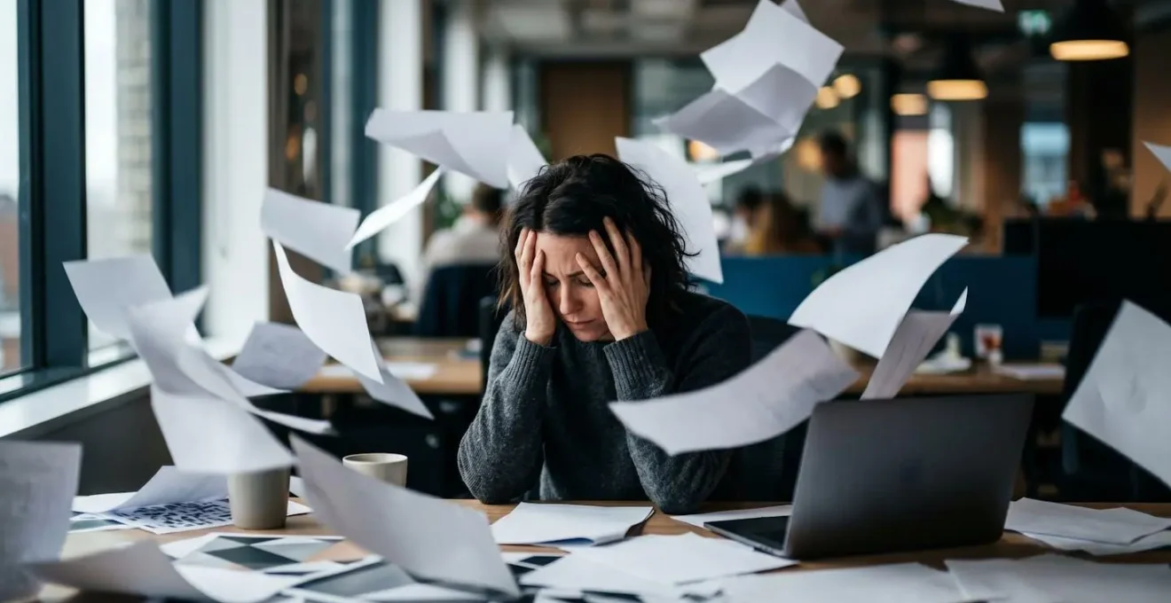 Office worker surrounded by floating paper fragments representing scattered Excel files and data silos