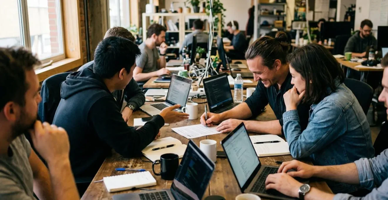 A small team collaborates around a table with laptops in an office with mixed natural and artificial lighting