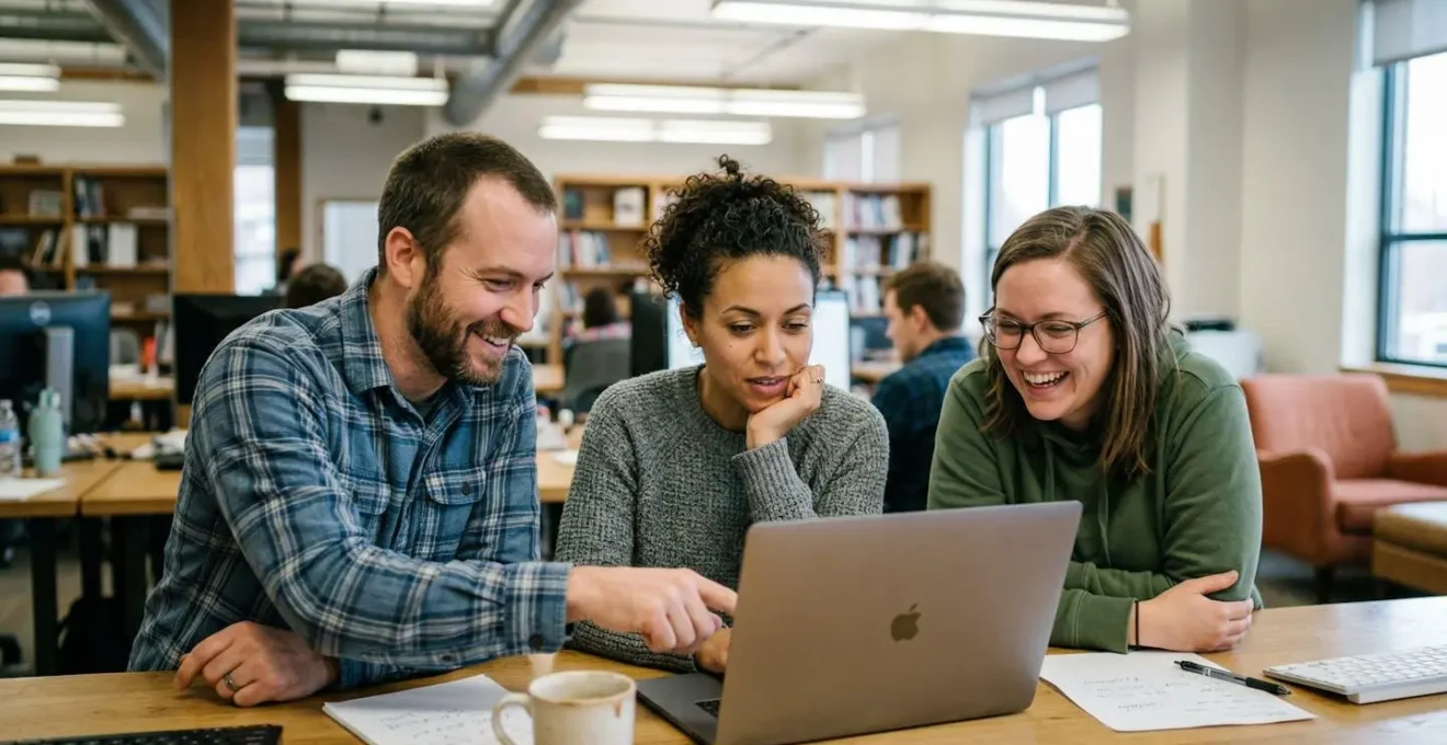 A small team gathered around a laptop in a casual meeting space with natural expressions