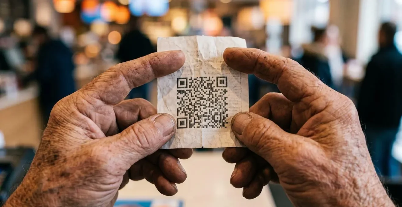 Close-up of hands holding receipt with QR code pattern in retail setting