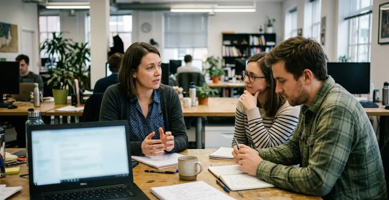 A small group of coworkers engaged in casual discussion around a table with a laptop visible but blurred, natural expressions
