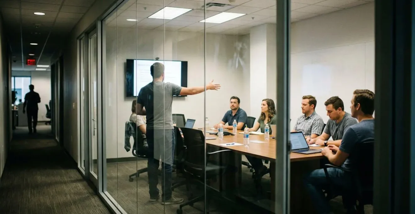 Team members viewed through glass walls of a meeting room, one person gesturing toward a wall screen