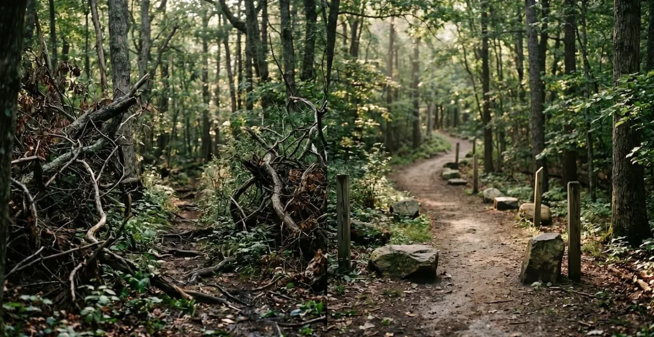 A visual metaphor of technical debt showing a forest path splitting into a clear, strategic route and an overgrown, chaotic one.