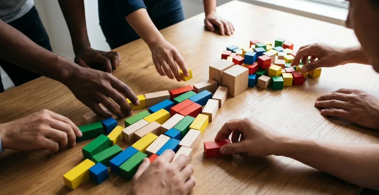 Human hands arranging colored blocks in a flow pattern with one narrow passage creating a visible constraint