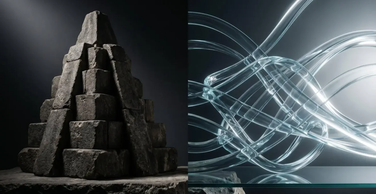 Visual metaphor comparing rigid traditional structures with a static stone monolith, versus flexible agile organizations represented by a dynamic network of light.
