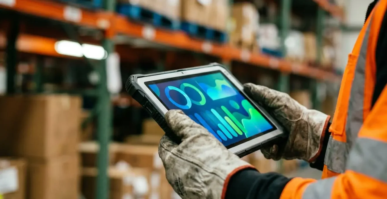 Close-up of hands interacting with abstract data visualization on tablet in warehouse setting