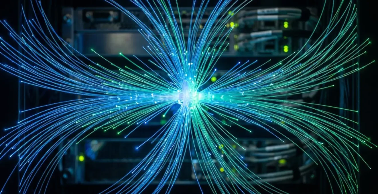 Extreme close-up of fiber optic cables showing data flow patterns