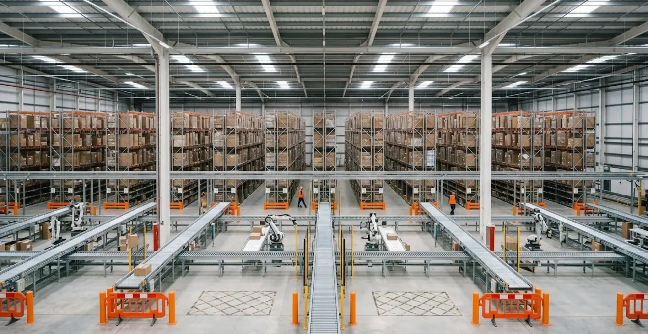Overhead view of UK warehouse with IoT sensors and automated tracking systems