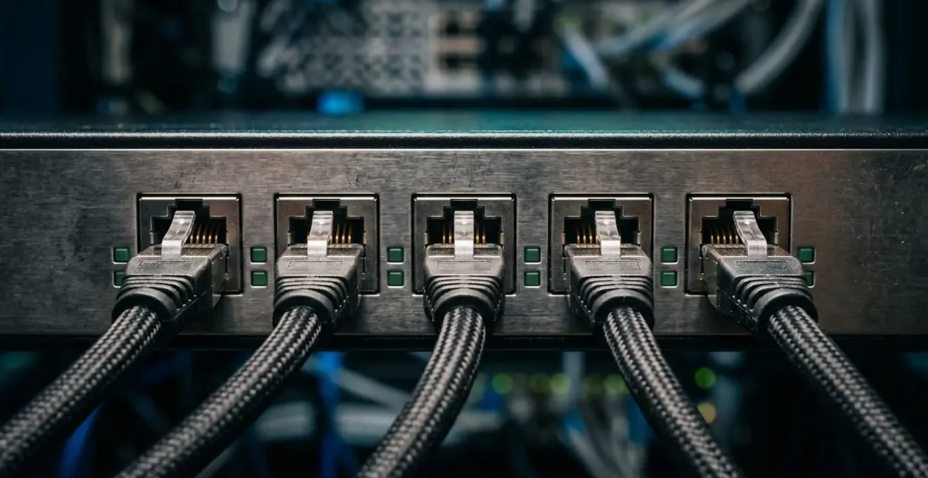Close-up macro shot of network cable connections and security scanning equipment