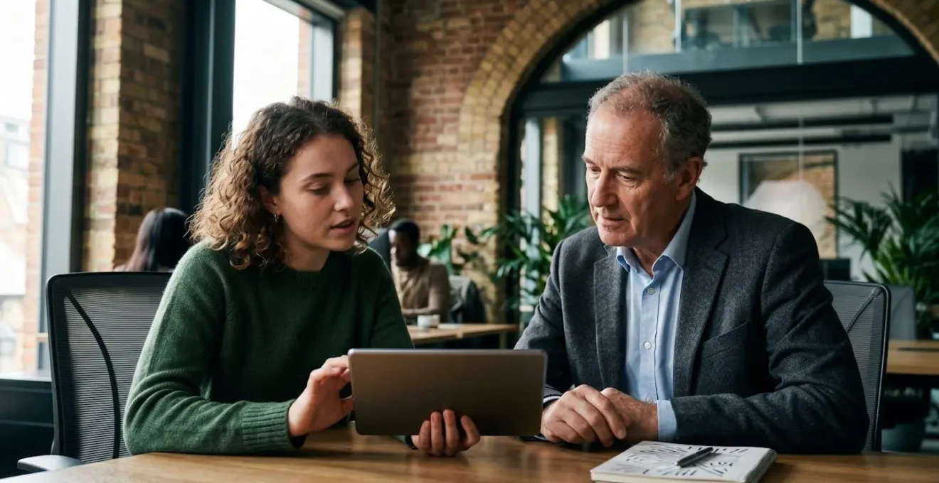 Young professional teaching senior executive digital tools in collaborative workspace